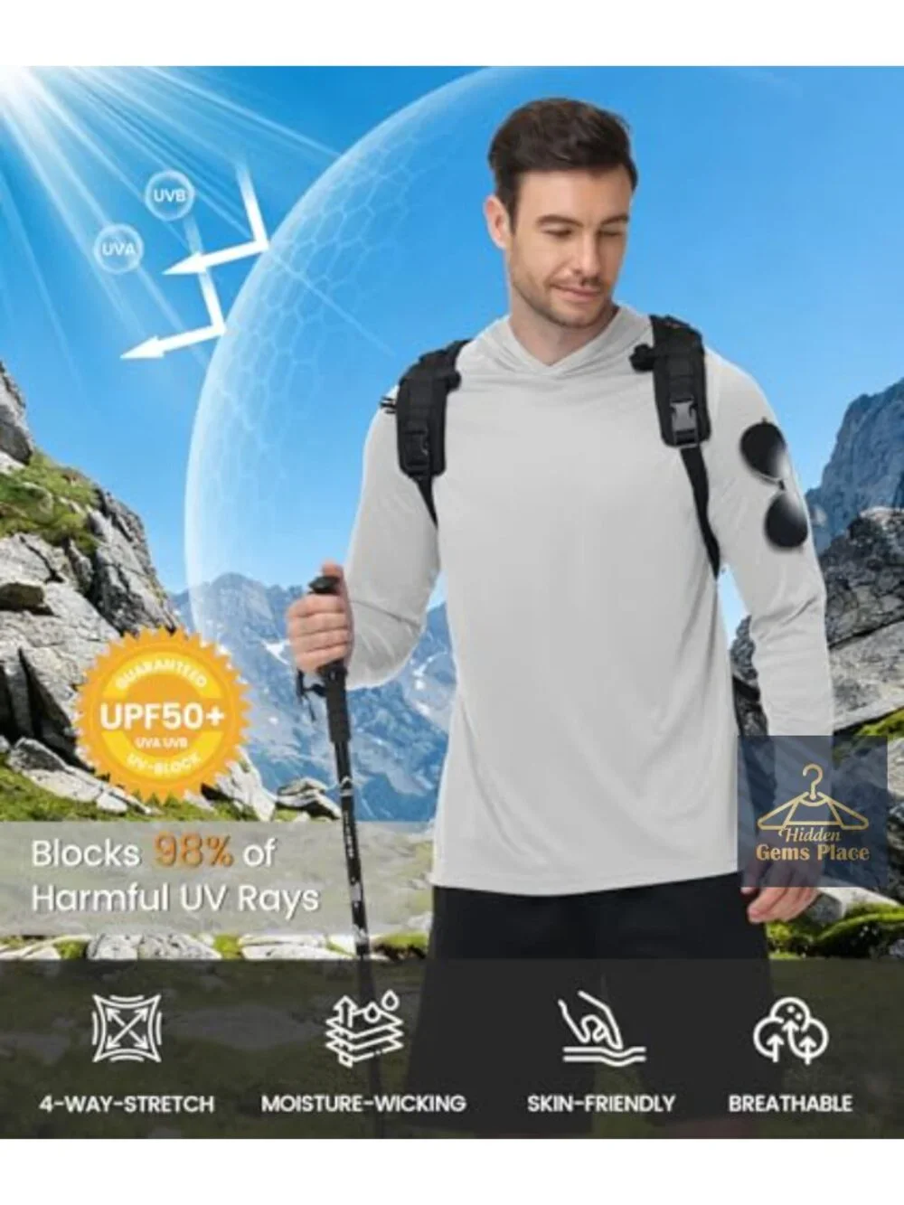 Men's UPF 50+ Long Sleeve Rash Guard Hoodie Sun Protection Shirt